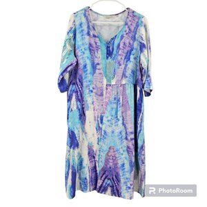 Soft Surroundings Dress Blue Green Painter's Palette Midi 3/4 Sleeve Size PL